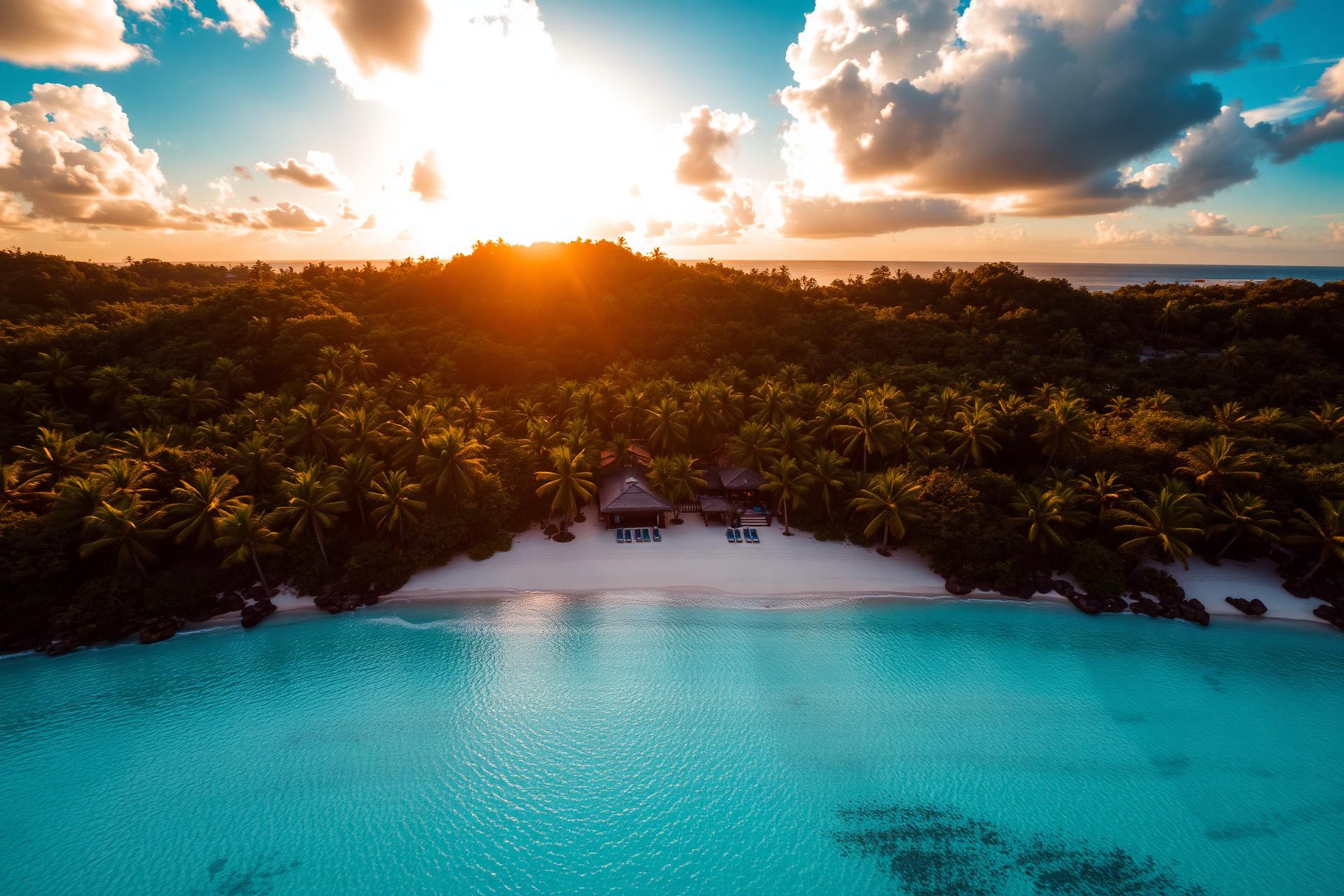 Praia paradisíaca ao pôr do sol